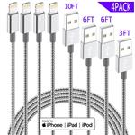 IDiSON 4Pack(10ft 6ft 6ft 3ft) iPhone Lightning Cable Apple MFi Certified Braided Nylon Fast Charger Cable Compatible iPhone Max XS XR 8 Plus 7 Plus 6s 5s 5c Air iPad Mini iPod (Gray White)