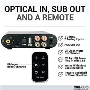 Orb Audio Booster 50 Watt Mini Integrated Amplifier With Remote Includes Optical Input and Control EZ Voice Lifts Dialogue Above Background Noise Bluetooth Capable 