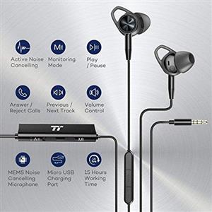 TaoTronics Active Noise Cancelling Headphones Wired Earbuds in Ear Stereo Awareness Monitor Earphones with Microphone and Remote 15 Hours Playtime 3.5mm Jack Premium Aluminum Matte Black 