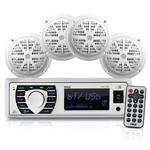 Marine Radio Receiver Speaker Set - 12v Single DIN Style Bluetooth Compatible Waterproof Digital Boat In Dash Console System with Mic - 4 Speakers, Remote Control, Wiring Harness - PLMRKT38W (White)