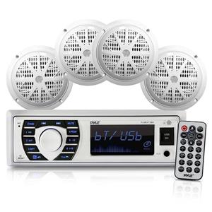 Marine Radio Receiver Speaker Set - 12v Single DIN Style Bluetooth Compatible Waterproof Digital Boat In Dash Console System with Mic - 4 Speakers, Remote Control, Wiring Harness - PLMRKT38W (White) 