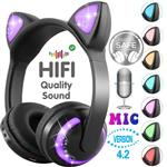 GBD Wireless Cat Ear Kids Headphones with Microphone Boys Girls Children School Supplies Travel Birthday Gifts Earphone 85dB Volume Control On Over Ear Bluetooth Game Headset Phone Tablet Pad (Black)