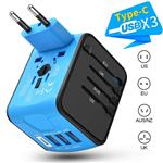 Universal Travel Adapter, Whlzd All in One International Power Adapter with Smart High Speed 3 USB & 1 Type C Ports, European Adapter Wall Charger UK, EU, AU, Asia Covers 220+Countries (Blue)