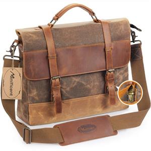 Manificent Men's Messenger Bag, 15.6 Inch Vintage Waxed Canvas Genuine Leather Large Satchel Shoulder Bag Waterproof Canvas Leather Computer Laptop Bag,Briefcase Tablet Messenger Bag (Brown)