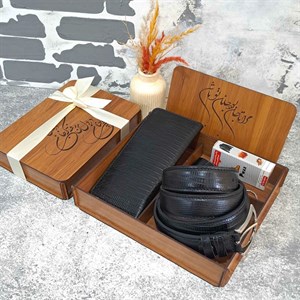 ست هدیه چرم مردانه کیف پول و کمربند مدل کتی 3 تیکه لیزارد مشکی