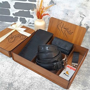 ست هدیه چرم مردانه چرم طبیعی کیف پول و کمربند مدل 4 تیکه لیزارد مشکی