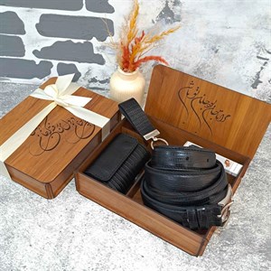 ست هدیه چرم طبیعی مردانه کمربند و جاکارتی مدل 3 تیکه لیزارد مشکی