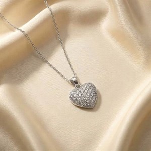 گردنبند طرح قلب پرنگین درخشان نقره‌ای 