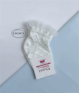 جوراب نوزادی نخ پنبه‌ای لوزی‌بافت با لبه توری چین‌دار - کد LEGACY0006