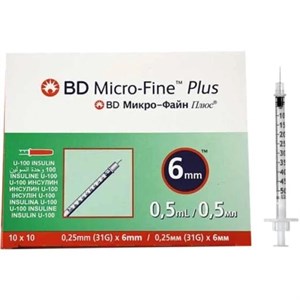 سرنگ انسولین (0.5cc) BD یکپارچه بسته 10 عددی (جعبه 100 عددی)