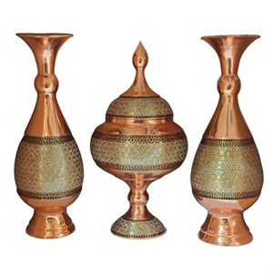 ست شکلات خوری و گلدان خاتم کاری مسی 