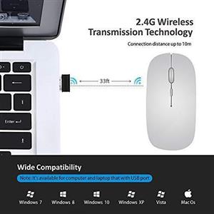 (TENMOS T9 Silent Wireless Mouse, 2.4G Ultra Slim Portable Travel Mouse Optical Computer Mice with Nano Receiver Compatible with Notebook, PC, Laptop, Computer (Silver 