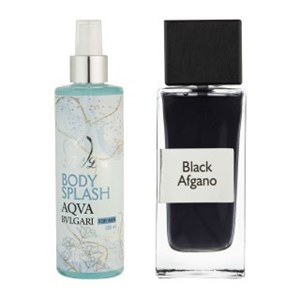 پک هدیه روز مرد 2 عددی شامل بادی اسپلش مدل Aqva Bvlgari و ادوپرفیوم مدل Black Afgano هات لاو