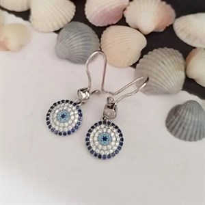 گوشواره نقره آویز طرح چشم نظر زنانه عیار 925 با روکش طلا سفید 