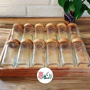 جا ادویه مکارتی درب چوبی 12 تایی با استند چوبی + ادویه پاش + لیبل