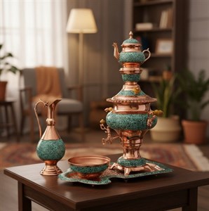 سماور فیروزه کوبی ۴ لیتری ۶۵ سانتیسرویس سماور مس و فیروزه نیشابور