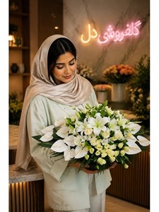 سبد گل عقد سفید با طراحی ارکیده و رز برای مراسم عقد