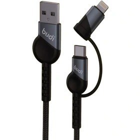 کابل شارژ کنفی USB به USB-C / لایتنینگ بودی مدل Budi DC231TL10B توان 65 وات طول 1 متر