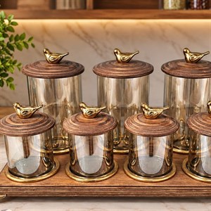  ست پاسماوری شیشه دودی با پایه و درب چوبی
