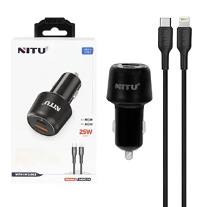 شارژر فندکی فست و PD دو پورت Nitu مدل NDC14 25W همراه با کابل Type-C To Lightning - مشکی (گارانتی 18 ماه تعویض نیکان همر