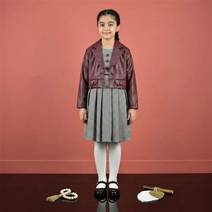 ست کت چرم مصنوعی و سارافون کتان دخترانه رنگ زرشکی