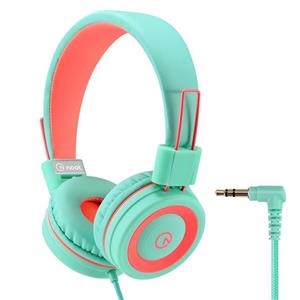 Kids Headphones noot products K11 Foldable Stereo Tangle Free 3.5mm Jack Wired Cord On Ear Headset for Children Teens Girls Boys Smartphones School Kindle Airplane Plane Tablet Mint Coral 