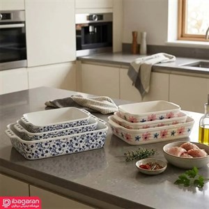 ست 3 عددی مرغ خوری مستطیل طرح گل شکوفه آبی و گل بهاری