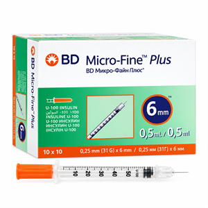 سرنگ انسولین بی دی BD Micro-Fine Plus حجم ۰.۵ میلی‌لیتر سوزن ۳۱G × ۶mm بسته ۱۰۰ عددی