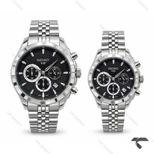 ست ساعت سیکو VIP سه موتوره کرنوگراف نقره ای صفحه مشکی Seiko-11455-S
