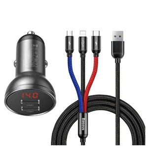 شارژر فندکی باسئوس مدل Car Charger Suit-24W به همراه کابل تبدیل microUSB  USB-Cلایتنینگ