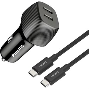 شارژر فندکی 30 وات 2 پورت فیلیپس مدل DLP5522C به همراه کابل تبدیل USB-C