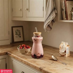 لیوان اسموتی درب دار با نی شیشه ای نوشا مدل 631