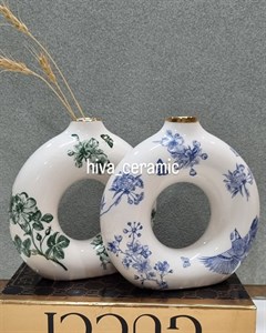 گلدان دونات گل و مرغ ابی