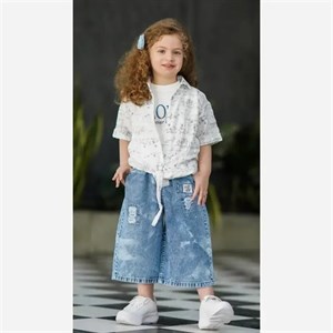 ست سه تکه شومیز تاپ و شلوارک جین دخترانه مناسب 1 تا 6 سال