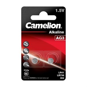 باتری ساعتی آلکالاین کملیون (Camelion) مدل AG3 / LR41 بسته ۲ عددی | باتری دکمه‌ای ۱.۵ ولت مینیاتوری مناسب تب‌سنج دیجیتال، ساعت مچی و لیزر