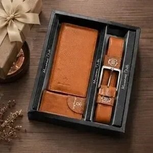 ست هدیه کیف پول جاکارتی و کمربند مردانه چرم صنعتی با جعبه کادویی