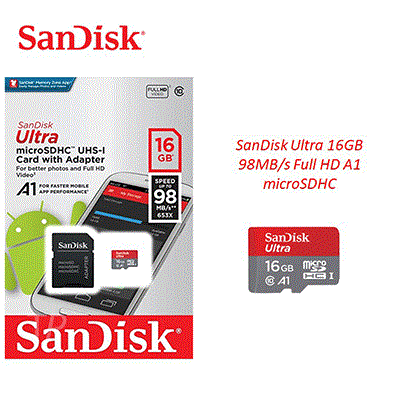 کارت حافظه microSDHC سن دیسک مدل Ultra A1 کلاس 10 استاندارد UHS-I U1 سرعت 98MBps ظرفیت 16 گیگابایت