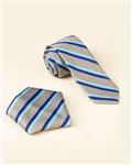 ست کراوات و دستمال جیب طرح راه راه - راه راه طلایی، آبی تیره، آبی روشن