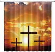 Cross and Rising Sun Scenery Fashion Shower Curtains 69 x 70 Inch Waterproof Polyester Fabric Bathroom Supplies Accessories Blackout Hanging Curtain Set Includes Hooks