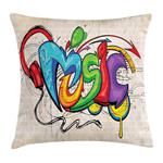 Ambesonne Music Throw Pillow Cushion Cover, Illustration of Graffiti Style Lettering Headphones Hip Hop Theme on Beige Bricks, Decorative Square Accent Pillow Case, 18 X 18 Inches, Multicolor