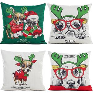TOOL GADGET 4-Pack Merry Christmas Decorative Deer Pillow Covers, Super Cute Dog Reindeer Pillow Case Puppy Cushion Cover 18x18, Great Quality Cotton Linen 