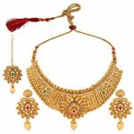 Efulgenz Indian Bollywood Traditional 14 K Gold Plated Kundan Pearl Wedding Choker Necklace Earrings Maangtikka Jewelry Set