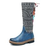Honeystore Women's Retro Carving Pattern Leather Knee High Boots Shoes Round Toe Boot Zipper