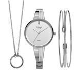 Burgi Women’s Jewelry Gift Set – Half Bangle Diamond Watch, Circle Pendant Necklace and Open Bangle Bracelet – Flash Plated Silver - BUR208SS-S