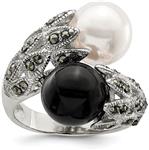 925 Sterling Silver Marcasite Black White Plastic Simulated Pearl Band Ring Fine Jewelry For Women Gift Set