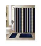 All American Collection New 15 Piece Bathroom Mat Set Memory Foam with Matching Shower Curtain (Stripe Navy)