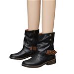 Women's Vintage Round Toe Leather Strap Booties Zipper Boots Square Heel Shoes