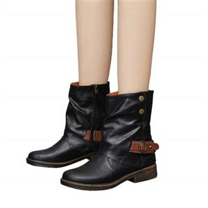 Women's Vintage Round Toe Leather Strap Booties Zipper Boots Square Heel Shoes 