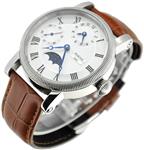 Fanmis 42mm White Dial GMT Hand Winding Mechanical Moon Phase Men's Women's Brown Leather Wrist Watch