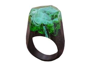Green Wood Waterfall Designer Wood Ring with Jewelry Resin. Wooden Crafts Handmade Rings and Set Jewelry for Women and Men (6) 